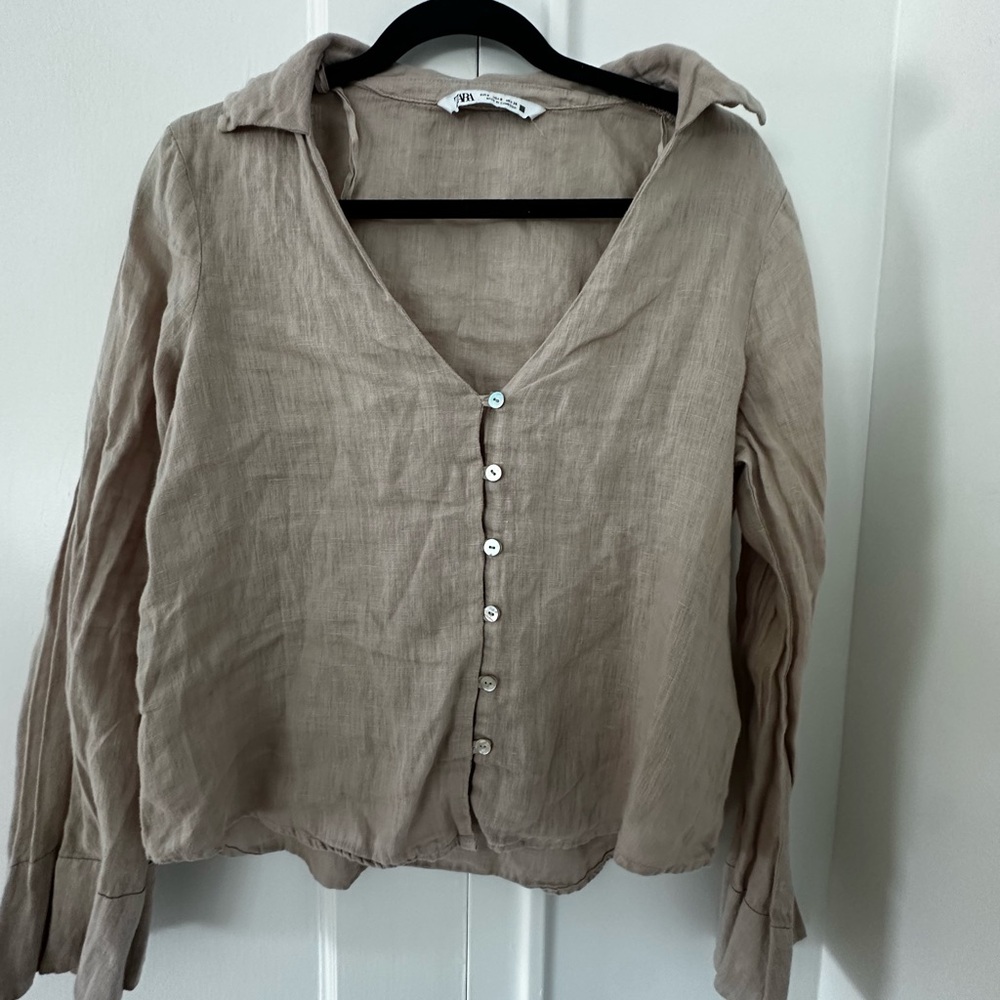 Zara Tan Beige Button-Down Collared Long Bell Sleeve Linen Shirt